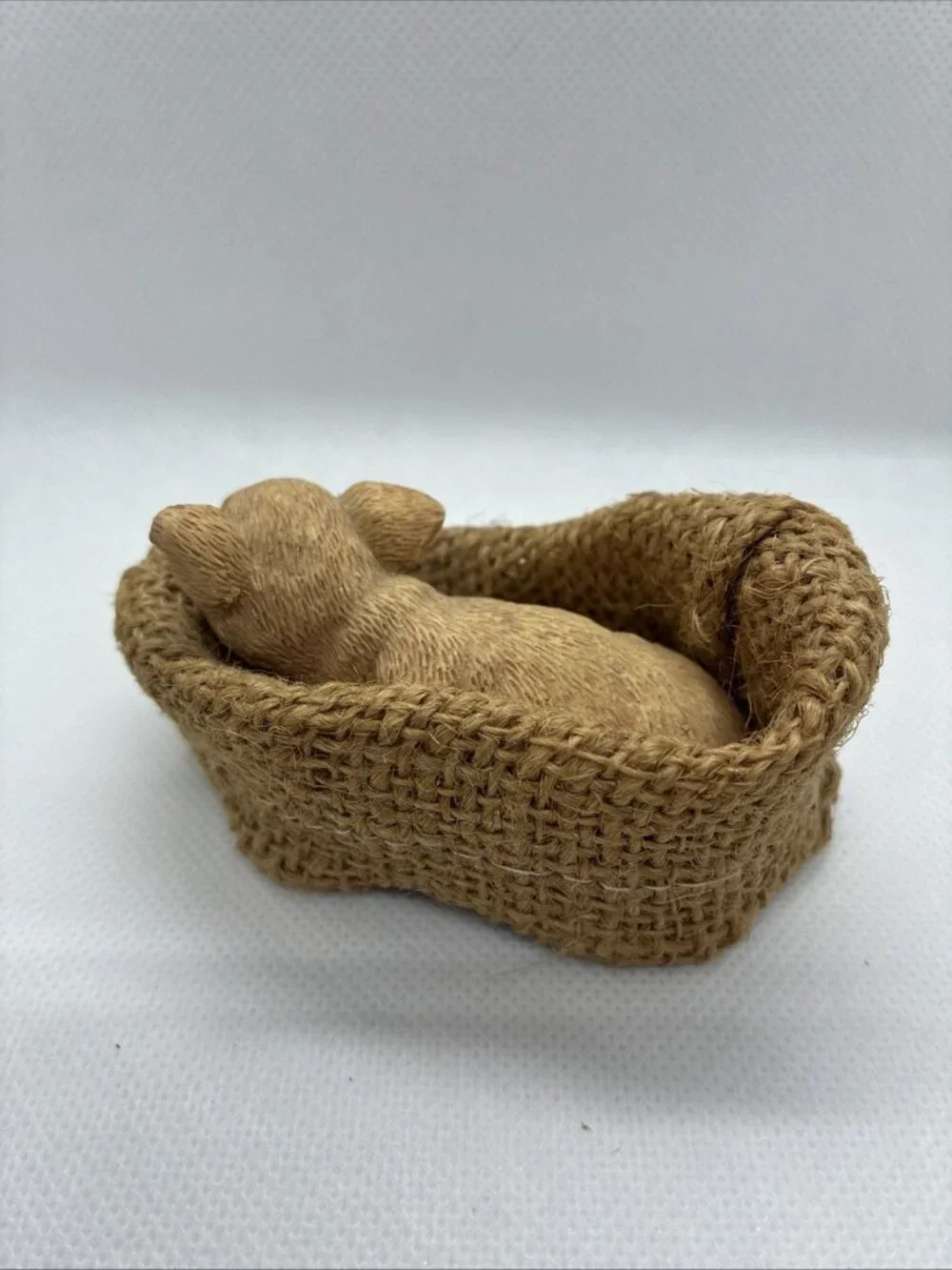 Resin Piglet in Burlap Basket Farmhouse Country Decor Figurine Pig Sculpture